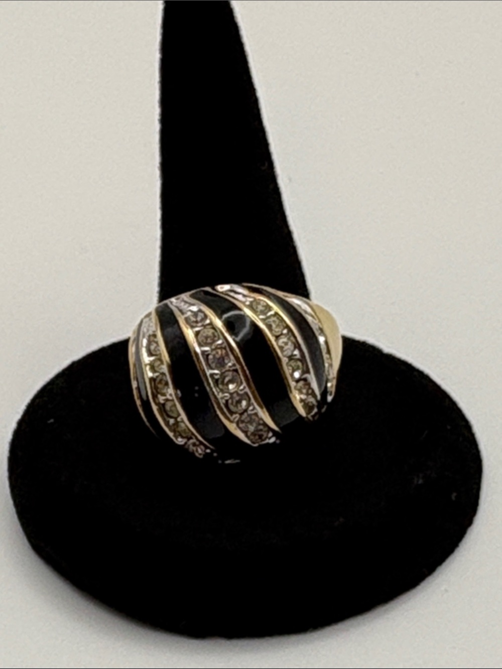 Gold-Tone Black Enamel Dome Ring with Crystal Stripes